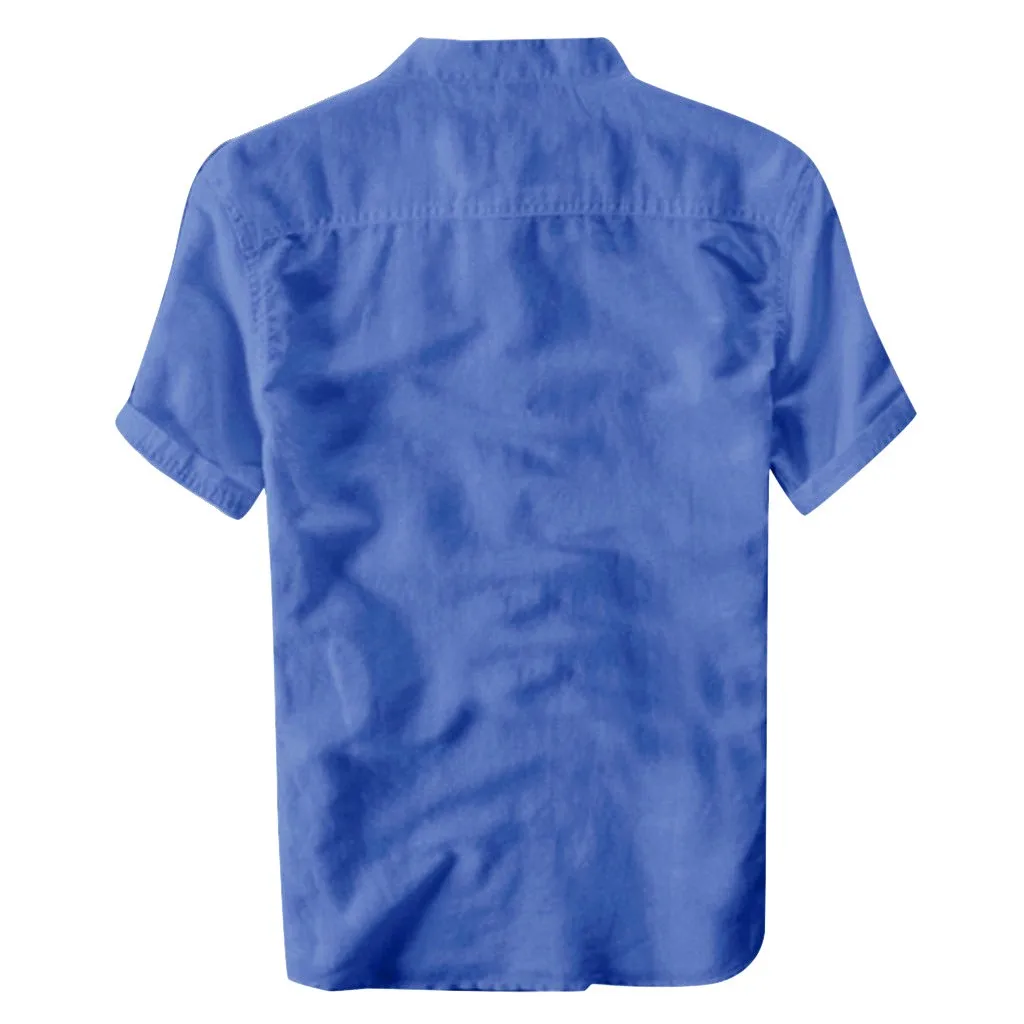 Men's Summer Shirts Plus Size Short Sleeve Lapel Breathable Cotton Linen Tees Top Solid Color Retro Beach Baisc Male Clothing 5