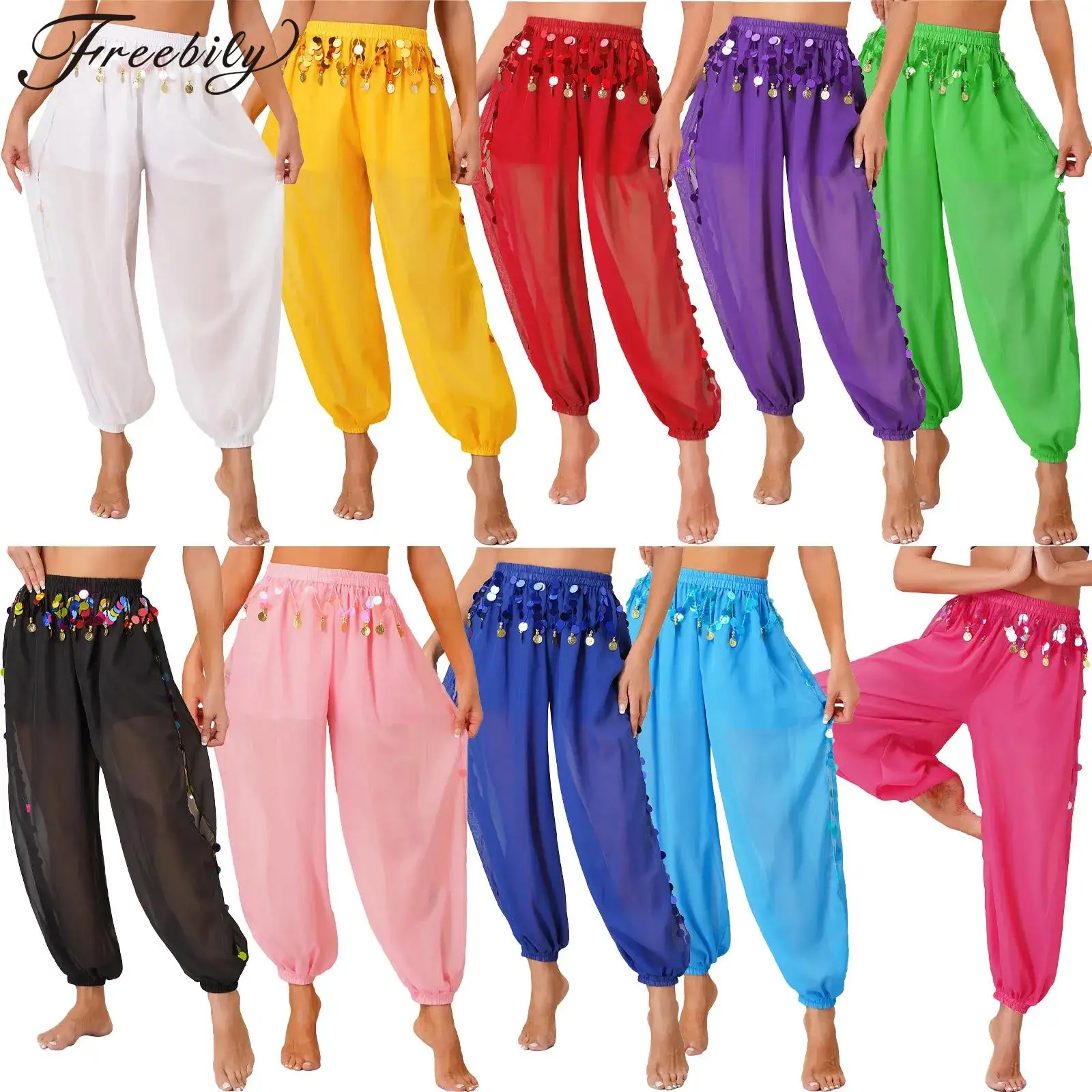 

Женские блестящие шаровары с разрезами по бокам, полупрозрачные свободные брюки для Танцев Живота