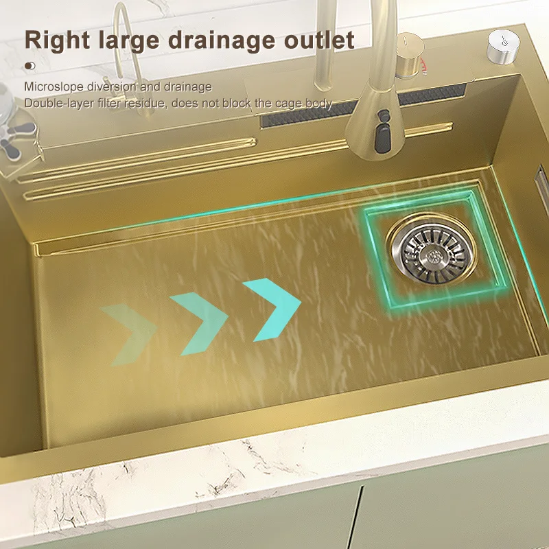 Golden Stainless Steel Kitchen Sink Waterfall Sink Large Single Slot Multifunctional Washbasin With Waterfall Faucet For Kitchen