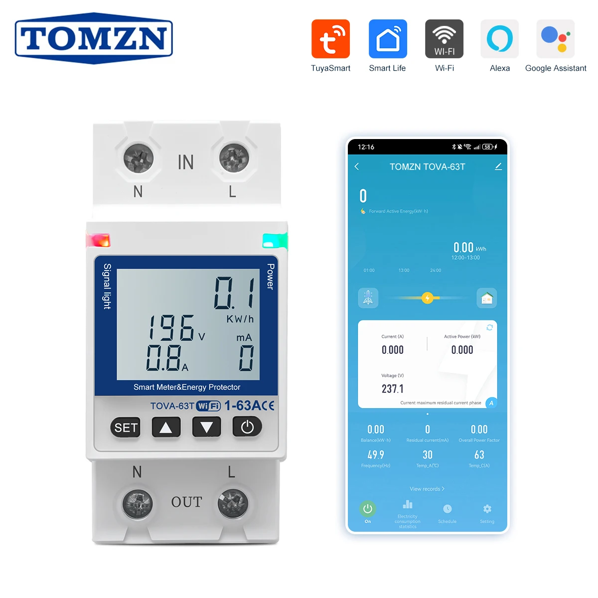 Circuit Breaker Reclosable Smartlife TUYA WIFI 63A 110V 220V Energy Meter Metering Timer with Voltage Current Leakage Protection