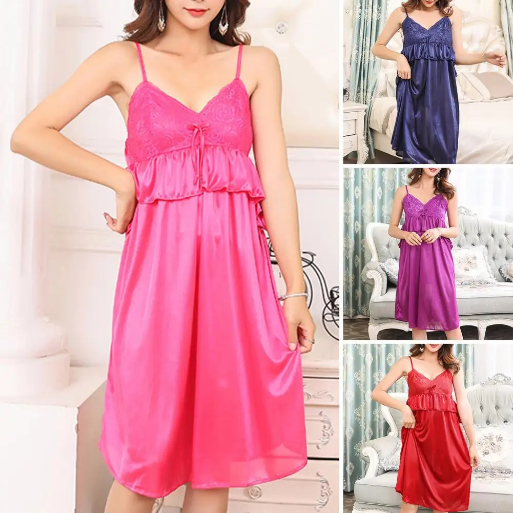 

Женская ночная рубашка на тонких бретельках, однотонное кружевное платье без рукавов с V-образным вырезом и открытой спиной, 2023