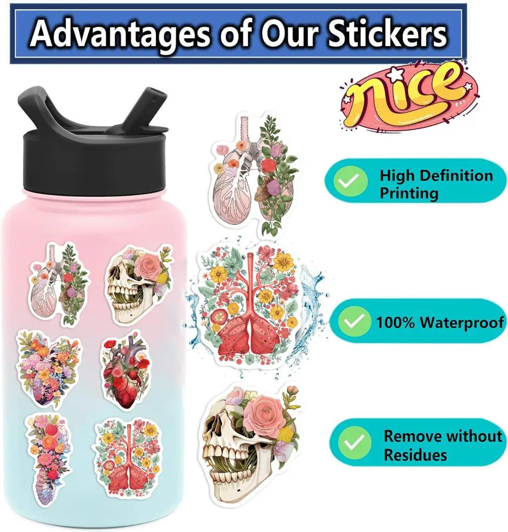 50pcs Human Anatomy With Flowers Stickers Body Part Stickers Luggage Skateboard Laptop  Guitar Sticker Decals Toys