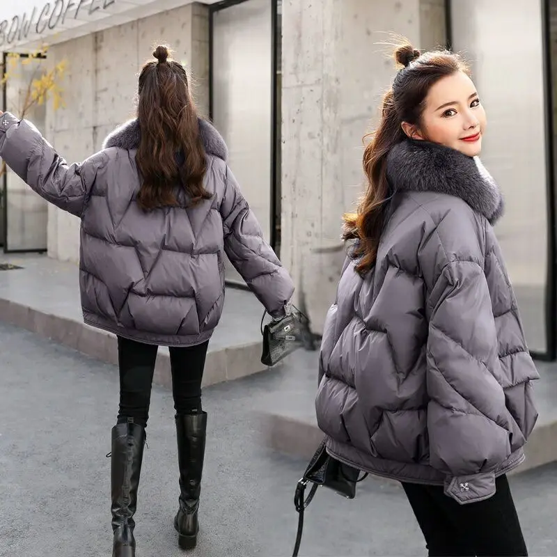 

2024 New Winter Cotton Coat Women Parkas Foreign Style Outer Fur Collar Loose and Plush Down Cotton Jacket Thick Coterwear