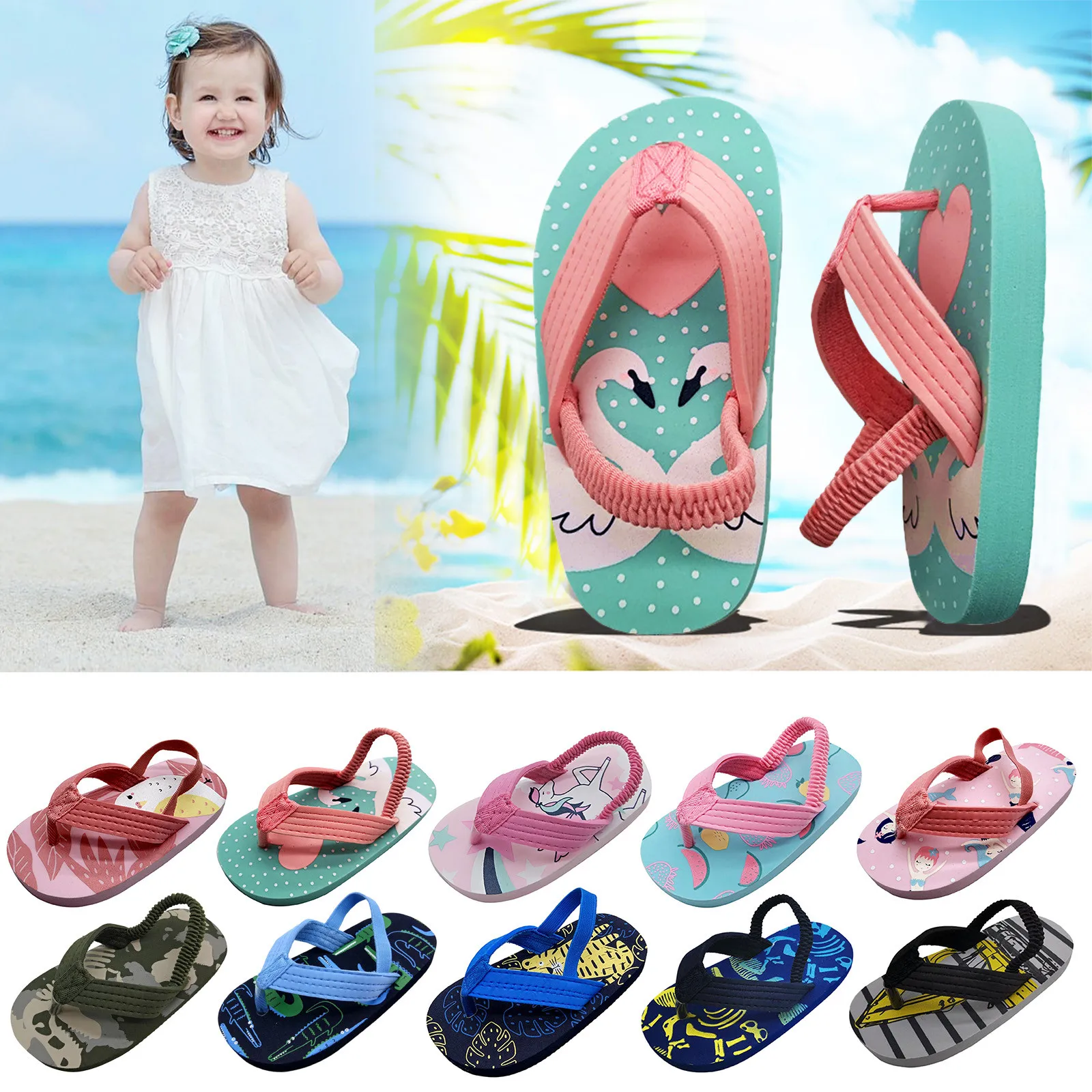Summer Infant Toddler Flat Sole Beach Shoes Elastic Strap Eva Sandals Kids Girls Boys Flops Flip Shoes Outdoor Casual Sandals