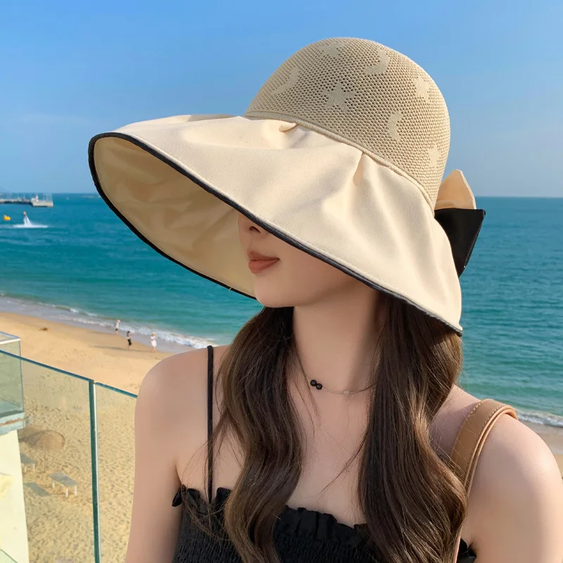 

New Knitted Star Moon Hollow Out Fisherman Hat Summer Women Color Gel Bowknot UV Ptotection Cap Lady Wide Brim Travel Sun Hat