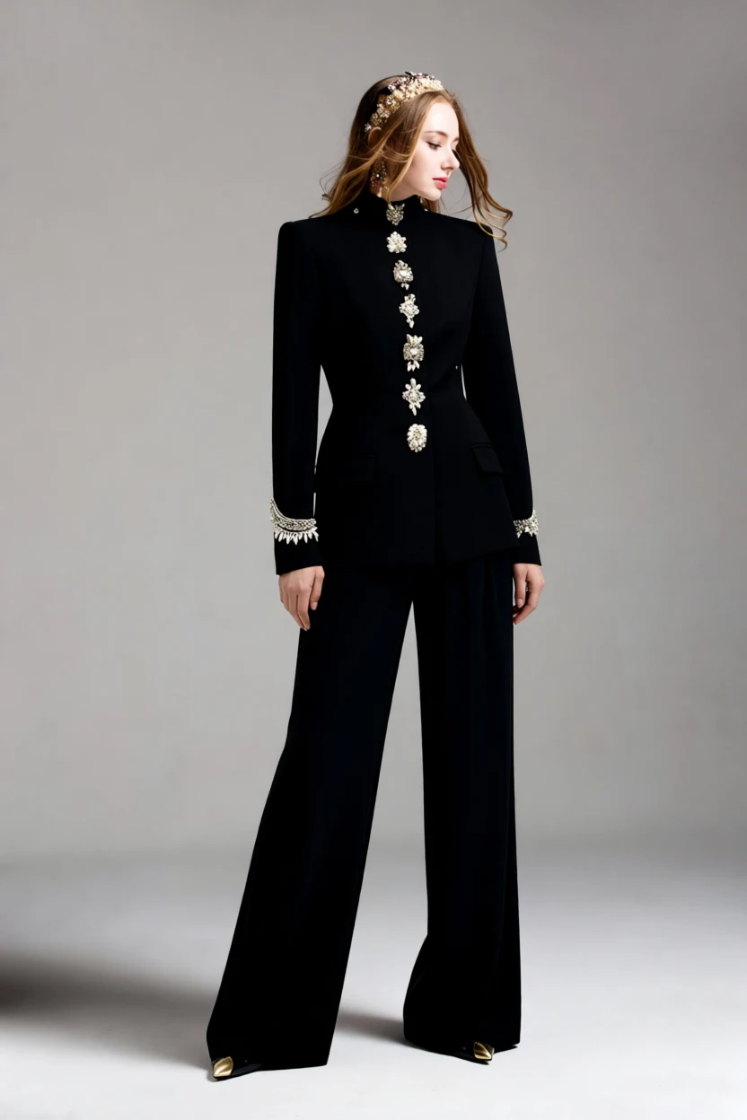 طقم بليزر أسود برقبة عالية وسروال واسع الساق مكون...