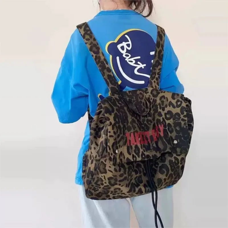 JIAERDI Sweet Cool Leopard Print Canvas Backpack Large Capacity Travel Student Y2k Backpacks Hot Girls Casual Mochila Aesthetic