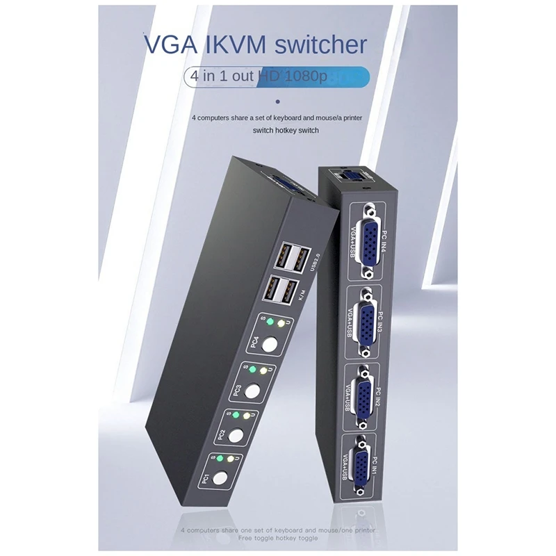 

Квм-переключатель VGA с 4 портами, видеопереключатель VGA, разветвитель, адаптер для монитора ПК, проектора