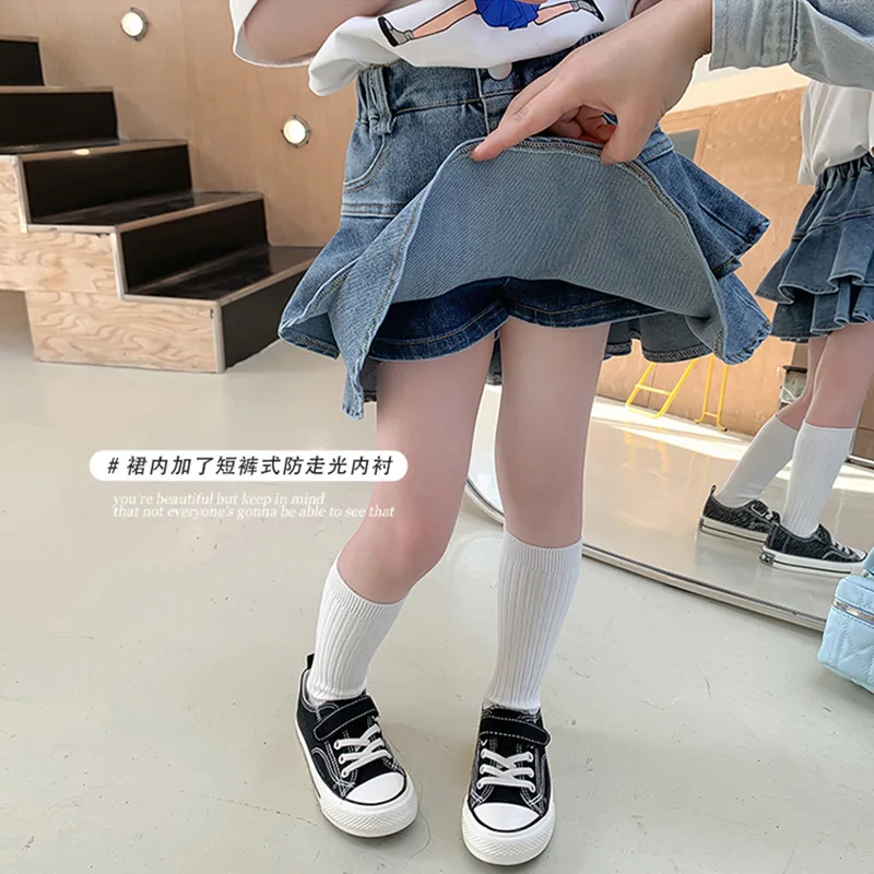 Girls Korean Version of Sweet Cool Babes High Elastic Denim Pleated Short Skirt Summer Children Fake Two Culottes