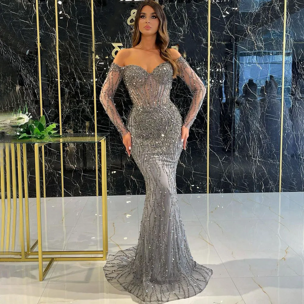 chinese dress ladies Mermaid Deep V-Neck Sweep Train Grey Tulle Prom Dress US6 / Custom Color main image 1