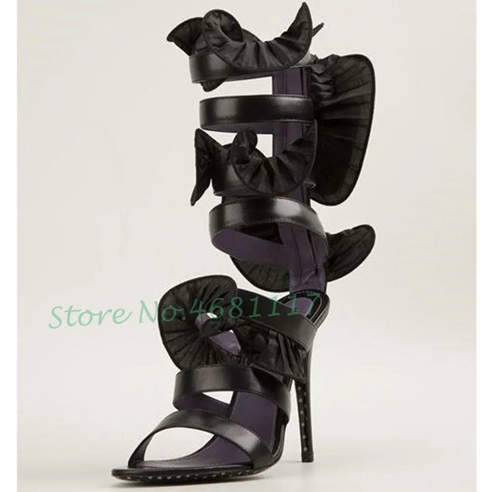 Preto babados cinta sandálias de salto alto mulher passarela