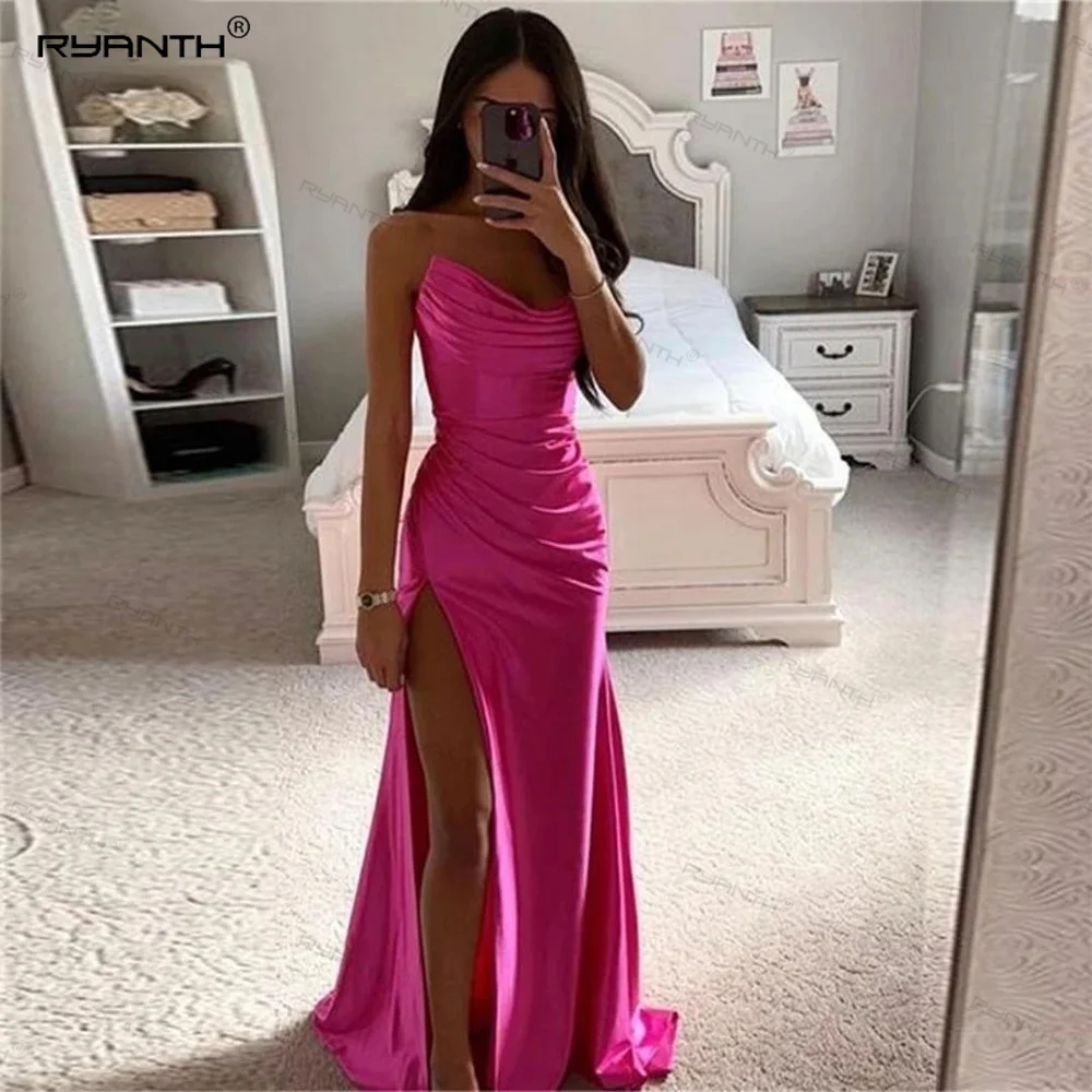 

Ryanth Side Slits Celebrity Dress Chic Bodysuit Formal Evening Gown Ruched Floor Length Fuchsia Women's Party Bridesmaid Dresses