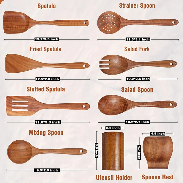 NAYAHOSE - Juego de utensilios de cocina de madera, cucharas para cocinar,  juego de espátulas de cocina de madera de teca natural, incluye cucharón
