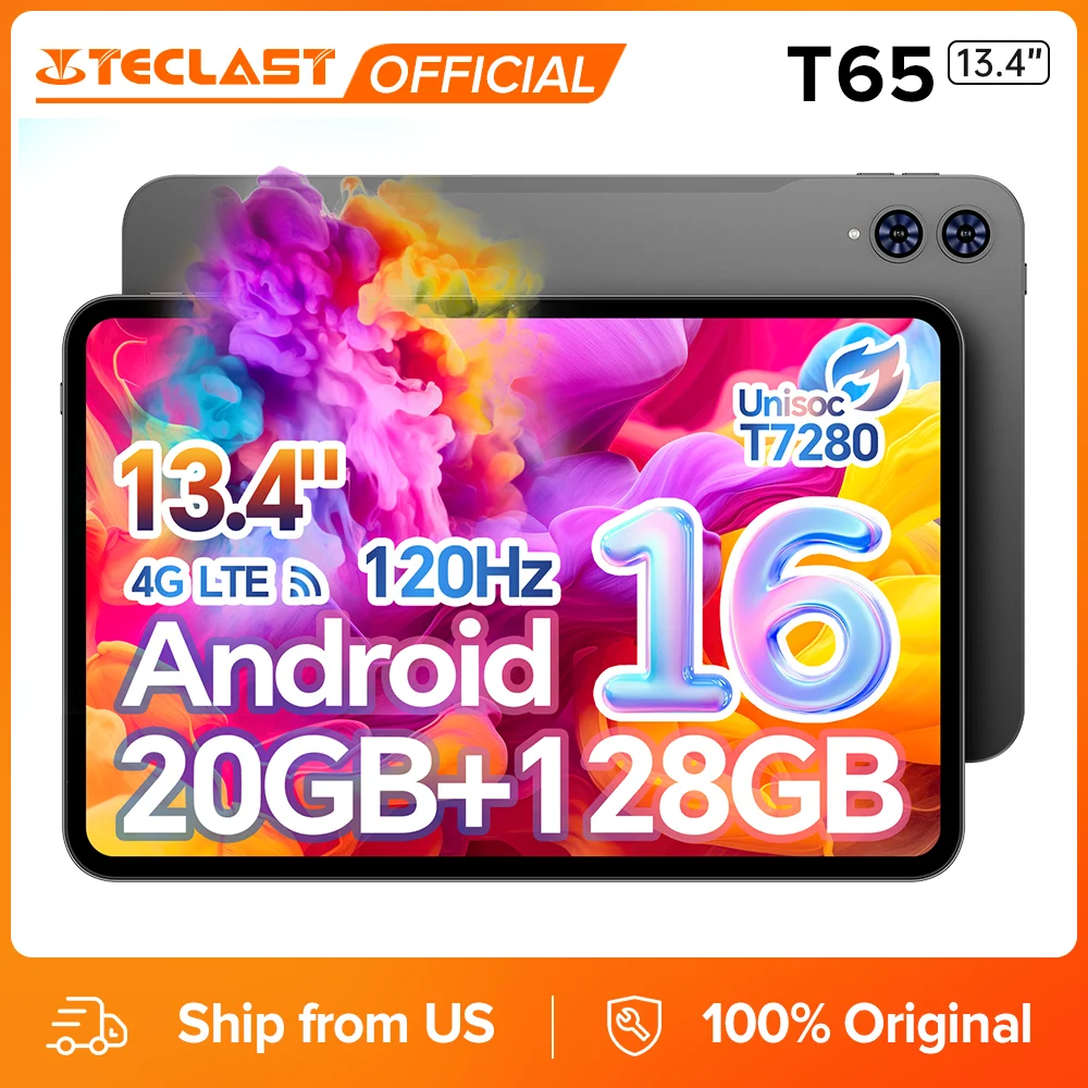 Teclast T65 Tablet 13.4" 2K 120Hz Android 16 Tablets Unisoc T7280 Octa Core Max 20GB RAM 128GB ROM 8000mAh 4G LTE 1