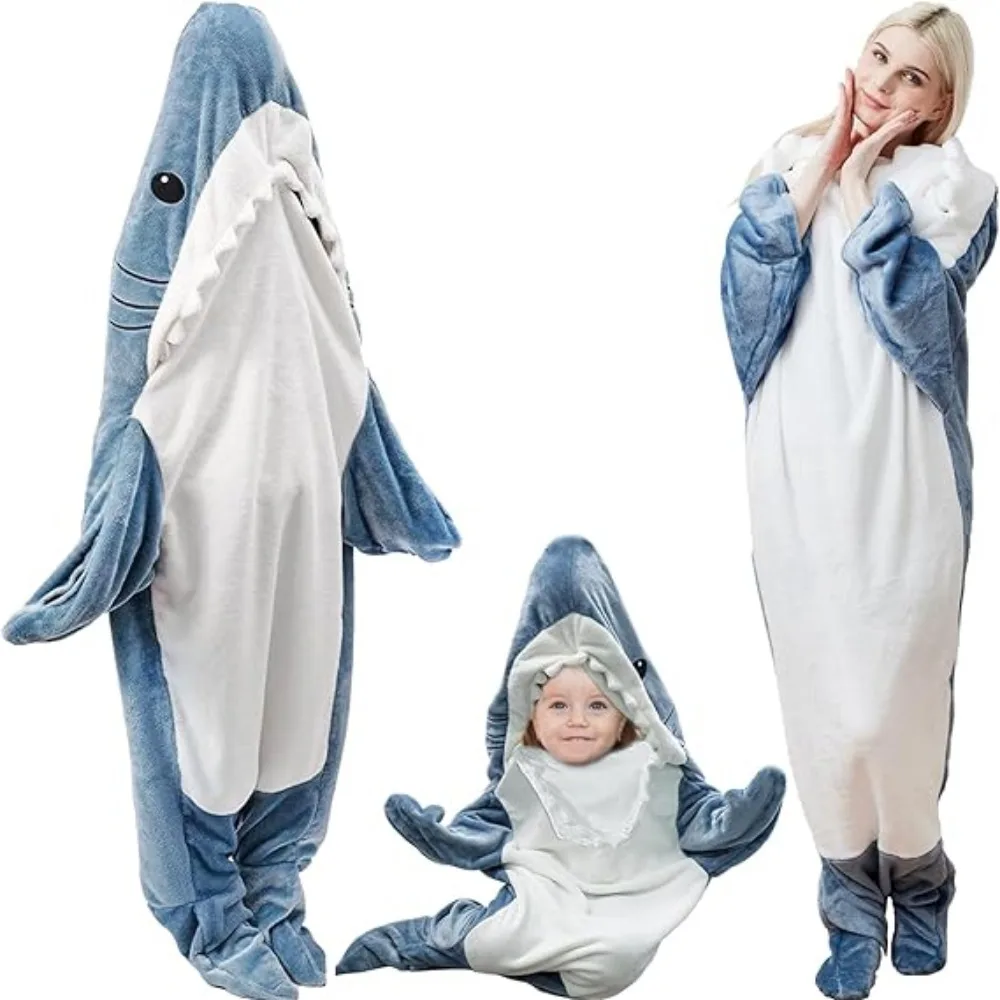 Winter Shark Blanket Hoodie Soft Sleeping Bag Warm Pajamas Flannel Nightgown One Sies Pijamas for Adults Women&Men