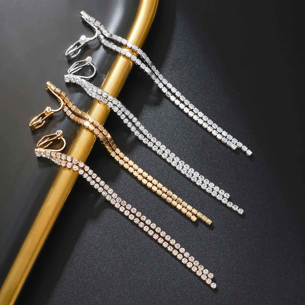 Classic Shiny Crystal Clip on Earrings Ladies Exaggerated Long Tassels Colorful Rhinestone Non Pierced Earrings Jewelry ear clip earrings clip earrings ear clip ear accessories