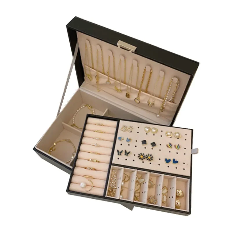 

New Double-Layer Leather Jewelry Box Ear Stud Earrings Ornament Storage Holder Multi-Function Large Jewelry Packaging Display