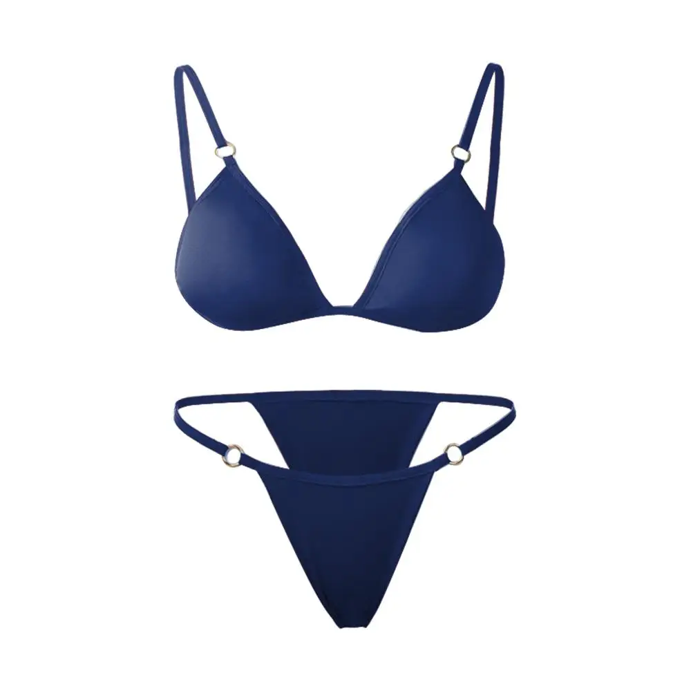 Vacation Woman Girl Solid Color Metal Buckle Sling Backless Split Swimwear Bikini Set Two Piece Swimsuit