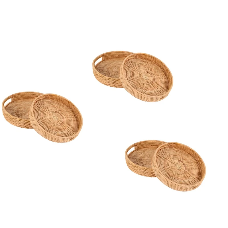 

Rattan Handwoven Round High Wall Severing Tray Food Storage Platters Plate Over Handles For Coffee Table(Set Of 6:S+L)