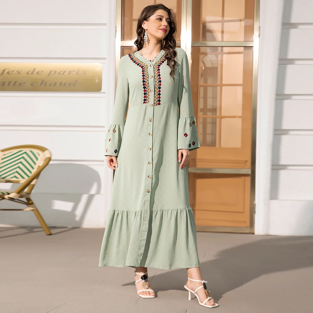Sweet V-neck Color contrast Solid color Embroidery Buttons Flared sleeve Kaftan