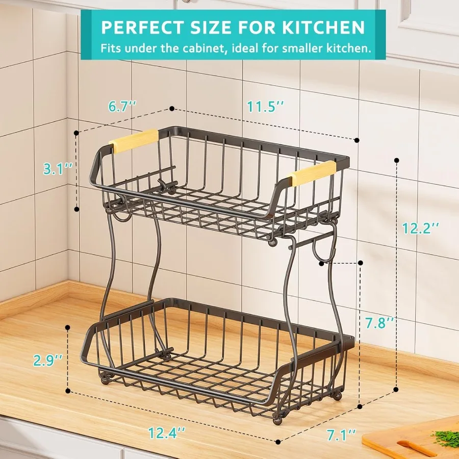 2 Tier Fruit Basket with 2 Banana Hangers Detachable Countertop Fruit Bowls for Kitchen Counter Metal Wire Fruit Vegetable Stor