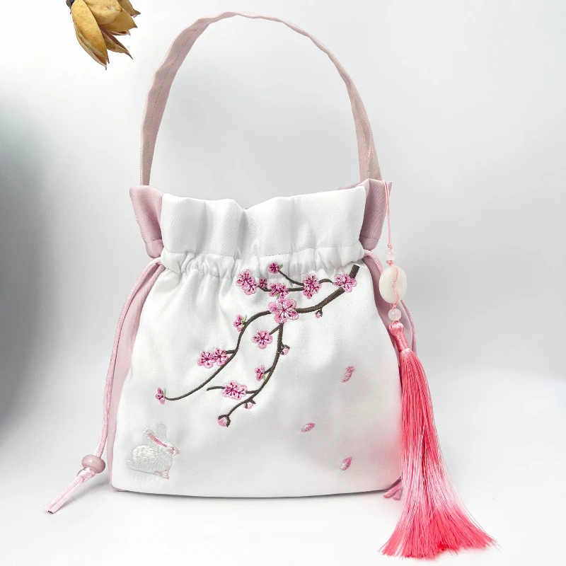 Chinese Style Retro Flower Embroidery Crossbody Top-handle Bags Women Shoulder Lace Drawstring Bucket Bag Coin Purses Handbags