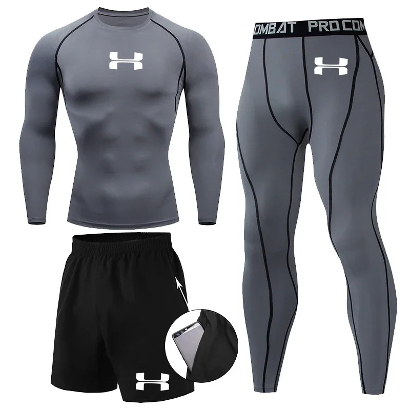 N-Print Rashguard Men Sportswear Compression Suits Quick Dry Gym Fitness Running Tracksuits Men T Shirts+Shorts 3 Pieces Sets 2