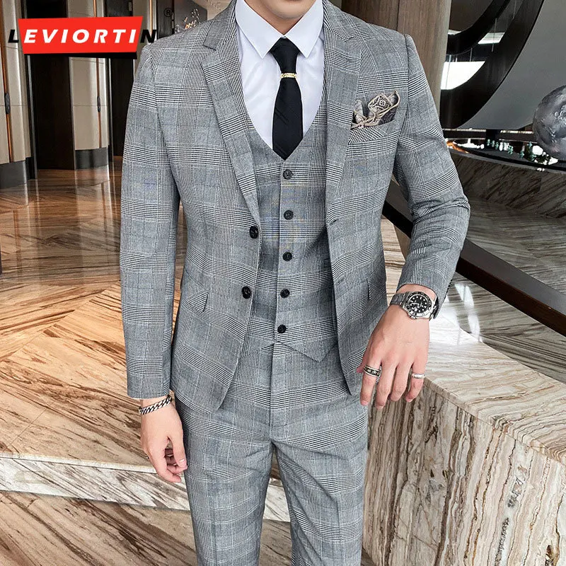 (Suit+Vest+Pants) Men's Groom Wedding Dress Plaid Formal Suits Set Men Fashion Casual Business Suit Three-piece Blazers S-4XL