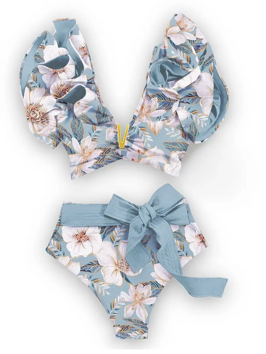 Floral Ruffled Hem Bikini Set Women Flora V-Neck High-Waisted Two Piece Swimsuit 2025 Girl Beach Bathing Suit Swimwear Biquinis women swimsuit