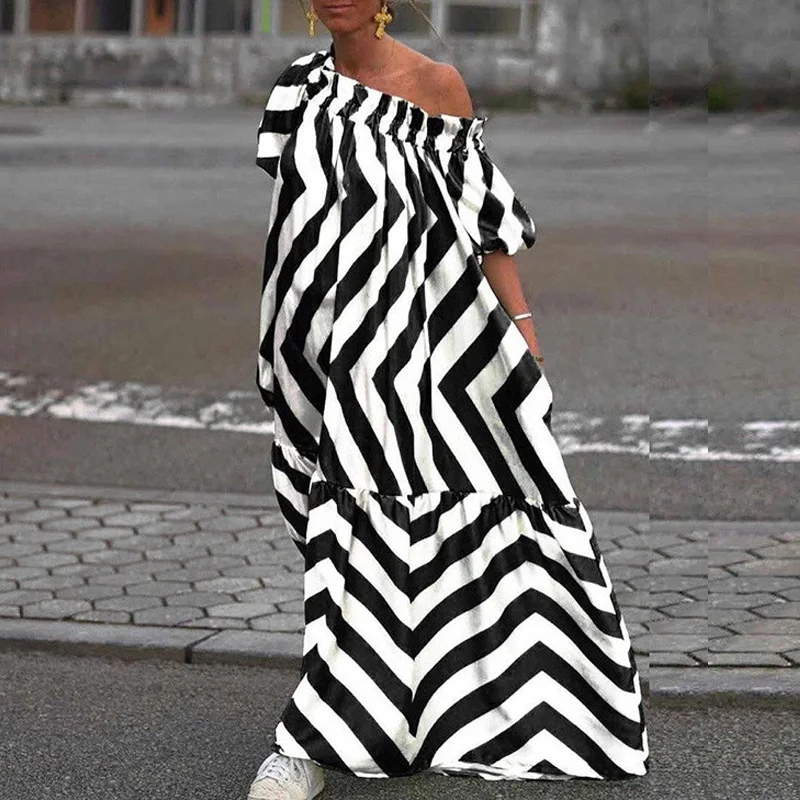 

Elegant Stripe Print Pleated Long Dress Fashion Women Off Should A-Line Maxi Dress Casual Short Sleeve Summer Beach Boho Dress