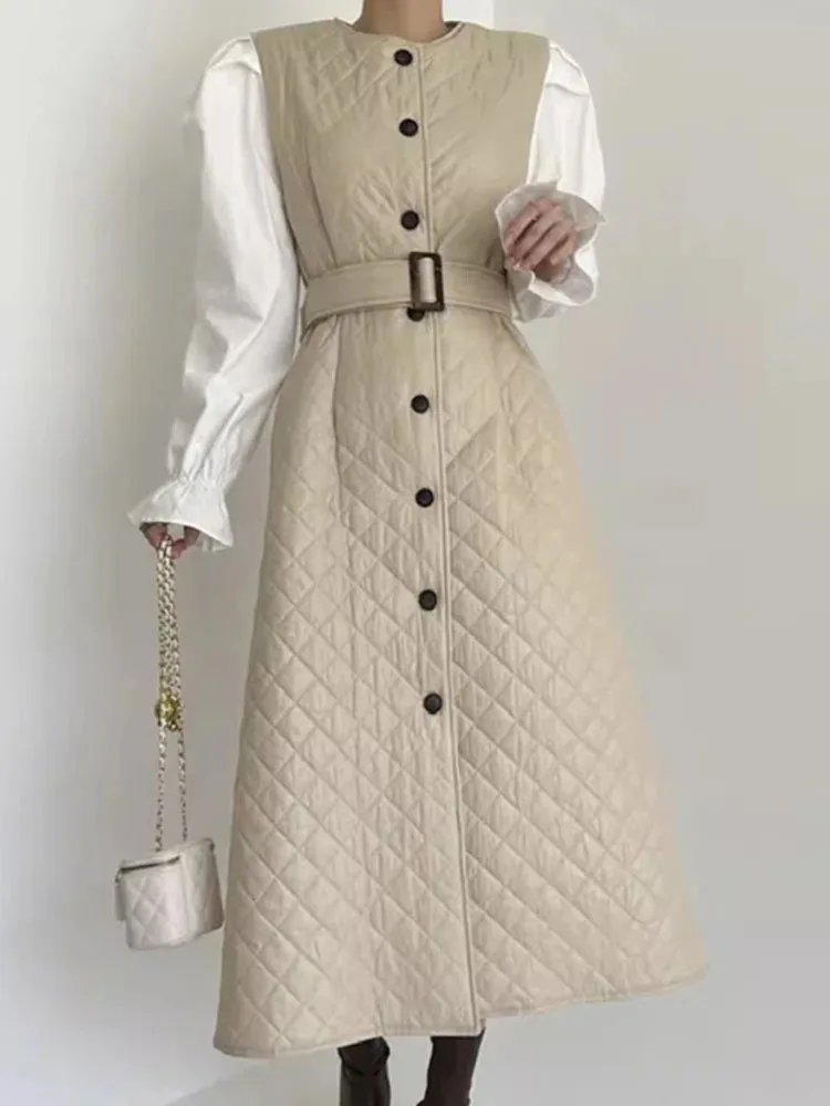 

NICEWOMEN Round Neck Single Breasted Patchwork Fake Two-piece Waistband Slim Cotton Padded Dress For Women 2023 Autumn AH292
