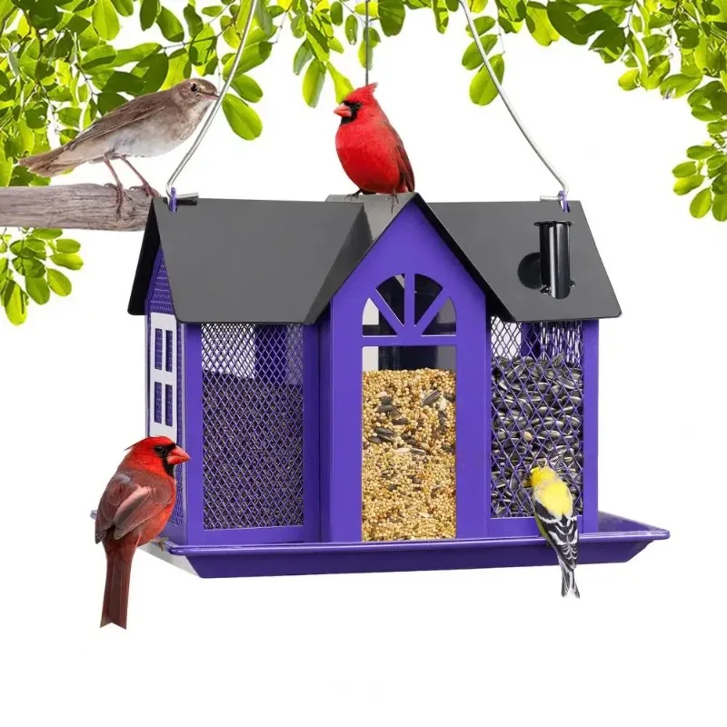 รูปสินค้า สวนแขวน House BIRD Feeder 3 ช่องขนาดใหญ่ความจุตกแต่งลานกลางแจ้งด้านนอกโลหะกระรอก Hummingbird Feedin
