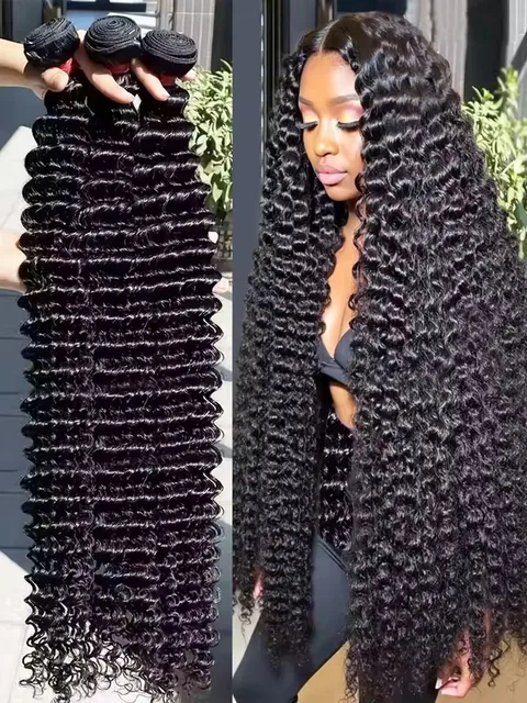 Extensions de cheveux humains brésiliens naturels Deep Wave, bouclés profonds, 24, 26, 28 pouces, pour femmes 1