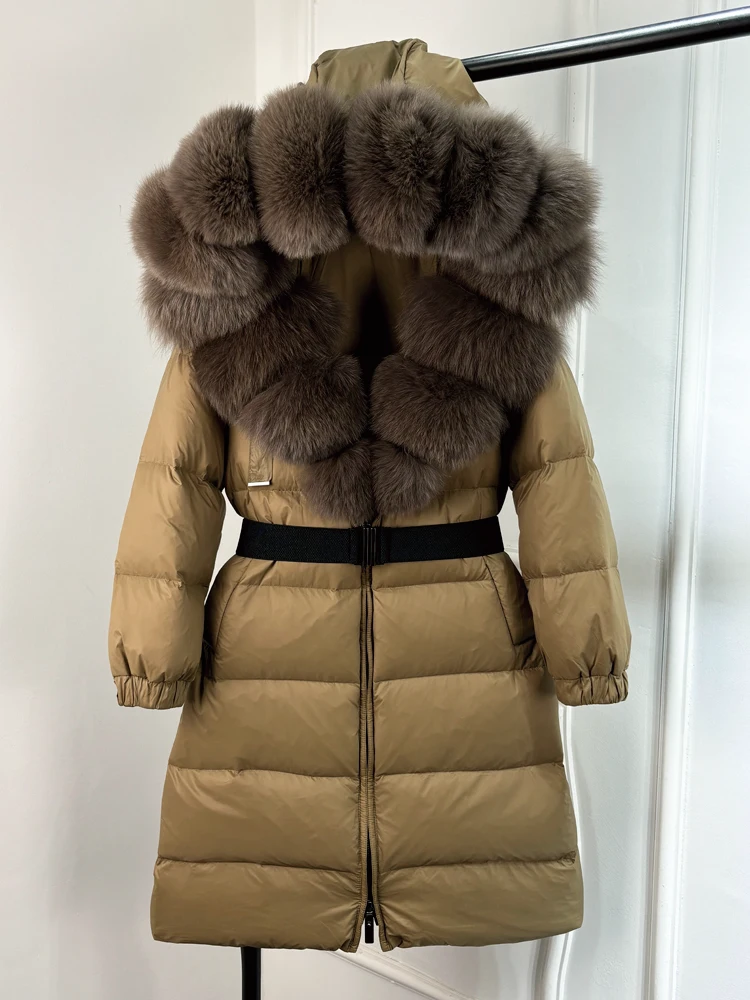 Janveny New Natural Thick Warm 90% White Duck Down Coat Long Winter Jacket Women Real Big Fox Fur Collar Belt Loose Puffer Parka 5