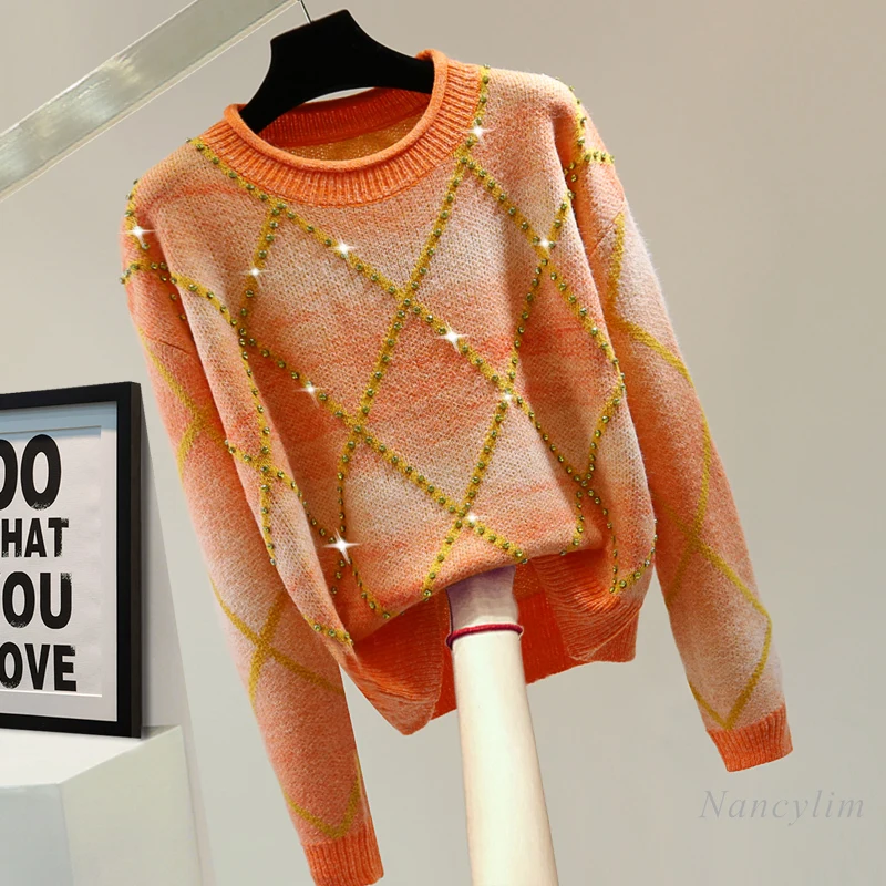 

Tie-Dyed Rhombus Plaid Sweater Woman Long Sleeve Vintage Sweaters Autumn and Winter Korean Style Diamond-Embedded Pullovers