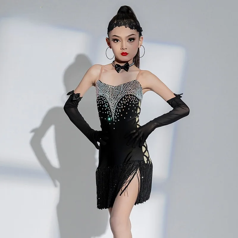 

New Kids Diamond Latin Dance Dress Girls Latin Fringed Dresses Child Chacha Tango Samba Ballroom Dance Competition Clothing