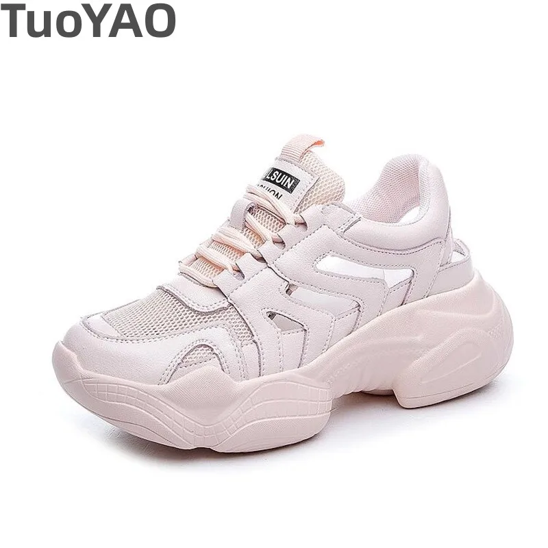 

7cm Women White Shoes Summer Slides Slippers Breathable New Fashion Platform Wedge High Heel Pink Round Toe Women Shoes Sandals