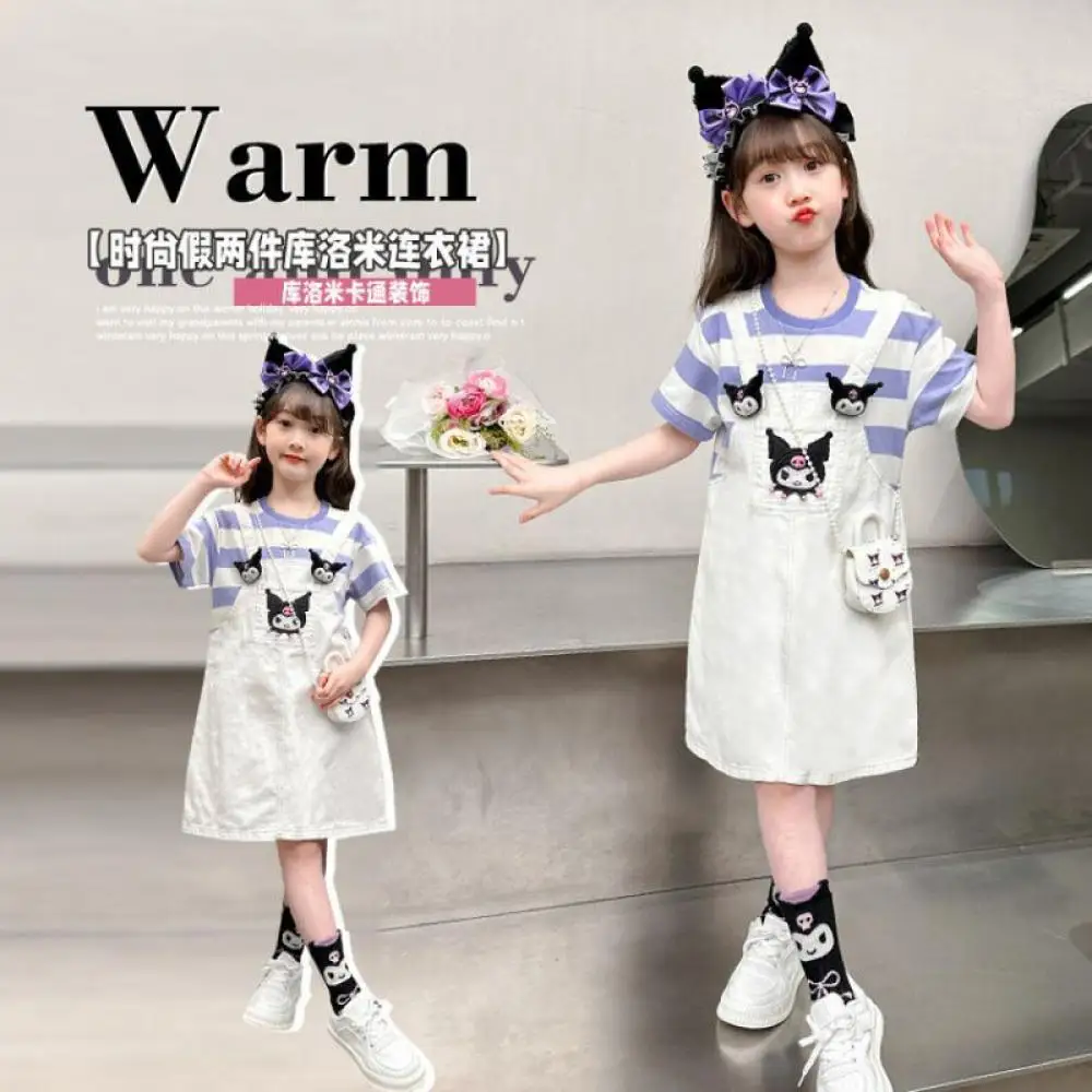 

Платье для девочек Kawaii Sanrio Kuromi с коротким рукавом аниме мультфильм аниме модная и Повседневная летняя детская одежда