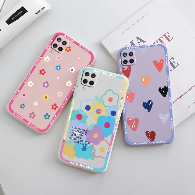 For Samsung Galaxy A22 4G Cartoon Bear Soft Phone Case Love Heart Flowers  Daisy Matte Cover For Samsung A 22 M22 Silicone Bumper