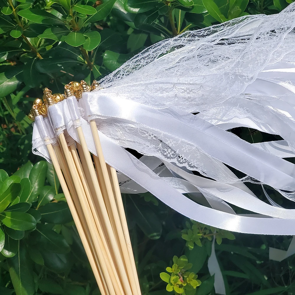 Wedding Ribbon Wands White Ribbon Wands Fairy Sticks Wedding Twirling Lace Streamers Golden Silver Bell Party Cheering Prop Favor
