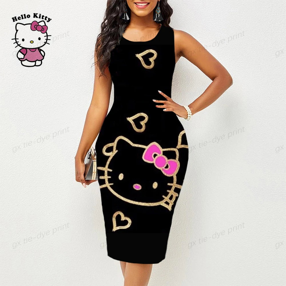 

2023 New Summer Round Collar Tight Skirt Women New Design Hello Kitty Print Slim Skirt Half-sleeve Skirt Knee-length Dress