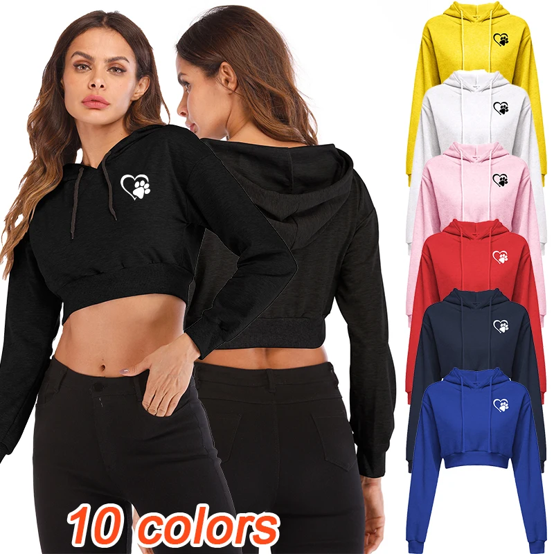 New Fashion Women's Open Umbilical Hoodie Long Sleeve Short Top Printed Hoodie Long Sleeve Open Umbilical Sports Hoodie