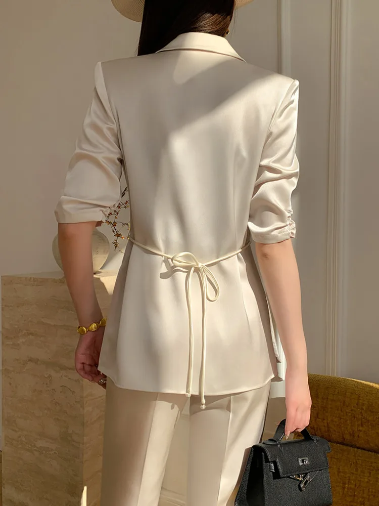 [LANMREM] Elegant 2 Piece Sets Women Lace-up Gathered Waist Blazer High Waist Straight Pants Office Lady Clothes 2024 Summer New