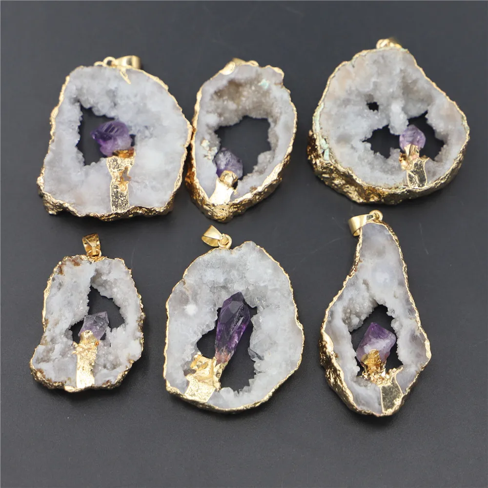 6PCS Hot Geode Stone Agates Healing Slice Pendants Charms Inlaid Natural Amethysts Point Irregular Elegant Quartz Jewelry Making