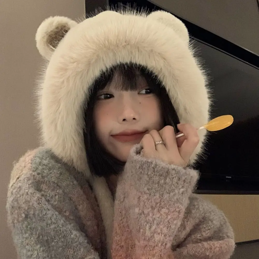 

Bear Ear Plush Ear Pullover Cap Thickened Imitation Rabbit Fur Lei Feng Hat Ear Protection Warm Scarf Hooded Scarf Women