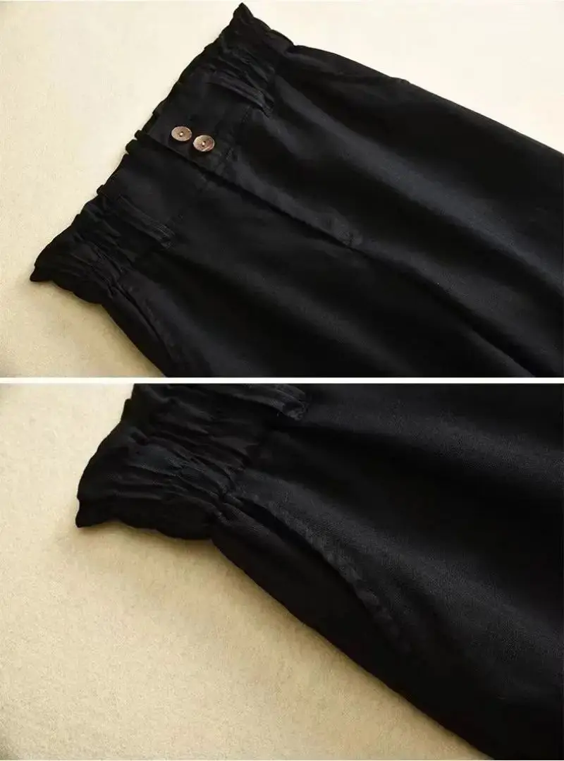 Pantalones holgados de pierna ancha para mujer, ropa básica informal de lino liso, elástica, de cintura alta, hasta el t