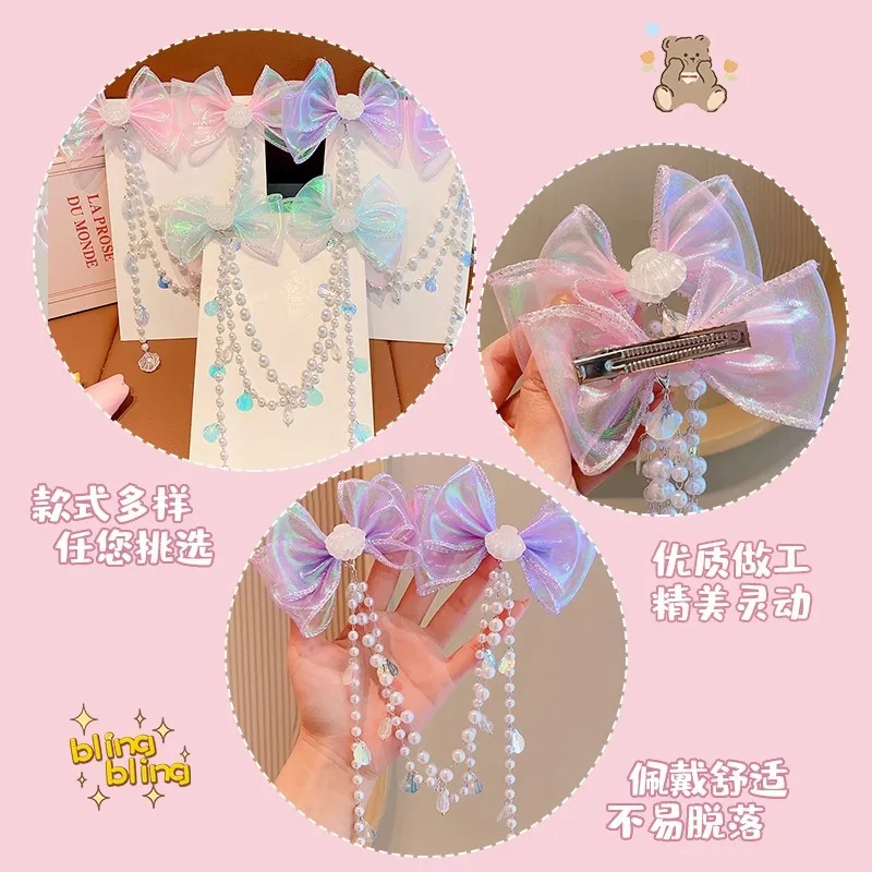 Pearl Headdress Children's Princess Fringed Hairpin Girls Mermaid Hair Accessories Forehead Chain Bow Hairpin