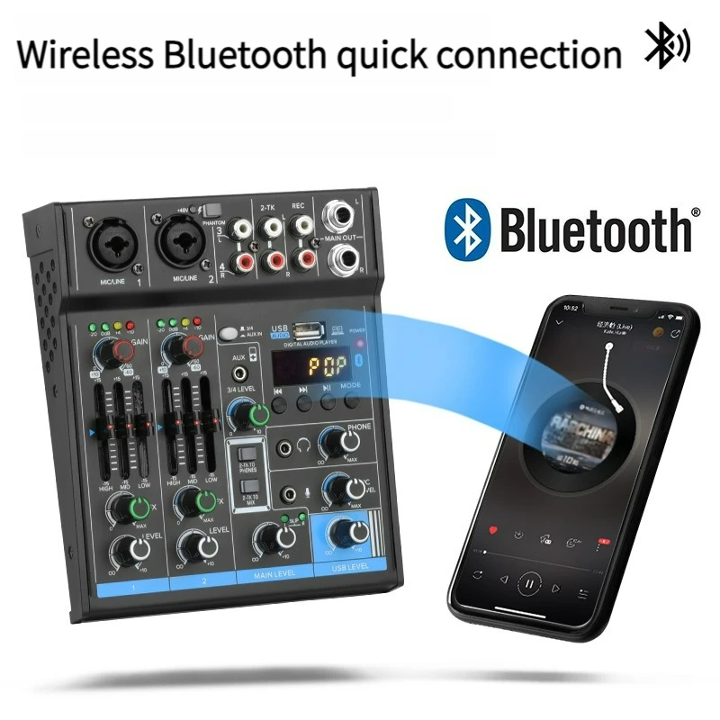 

Mixer 4 Channels Bluetooth Mini Audio Mixer Sound Card Audio DJ 16 Digital Effects Noise Reduction Console USB Recording