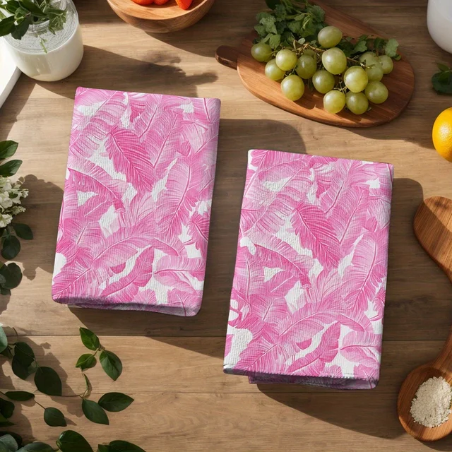 2PCS Soft Absorbent Kitchen Towels – Pink Banana Leaf Tropical Print 6