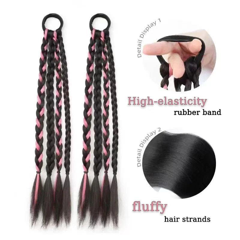 LUPU 2pcs Hair Pigtails Wig Synthetic Extensions Ponytail 18inch Highlighted Boxer Braids with Rubber Band False Women Hairpiece